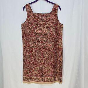 Jones New York Dress Woman 8 Tan‎ Red Paisley Pattern Silk Linen Side Buttons